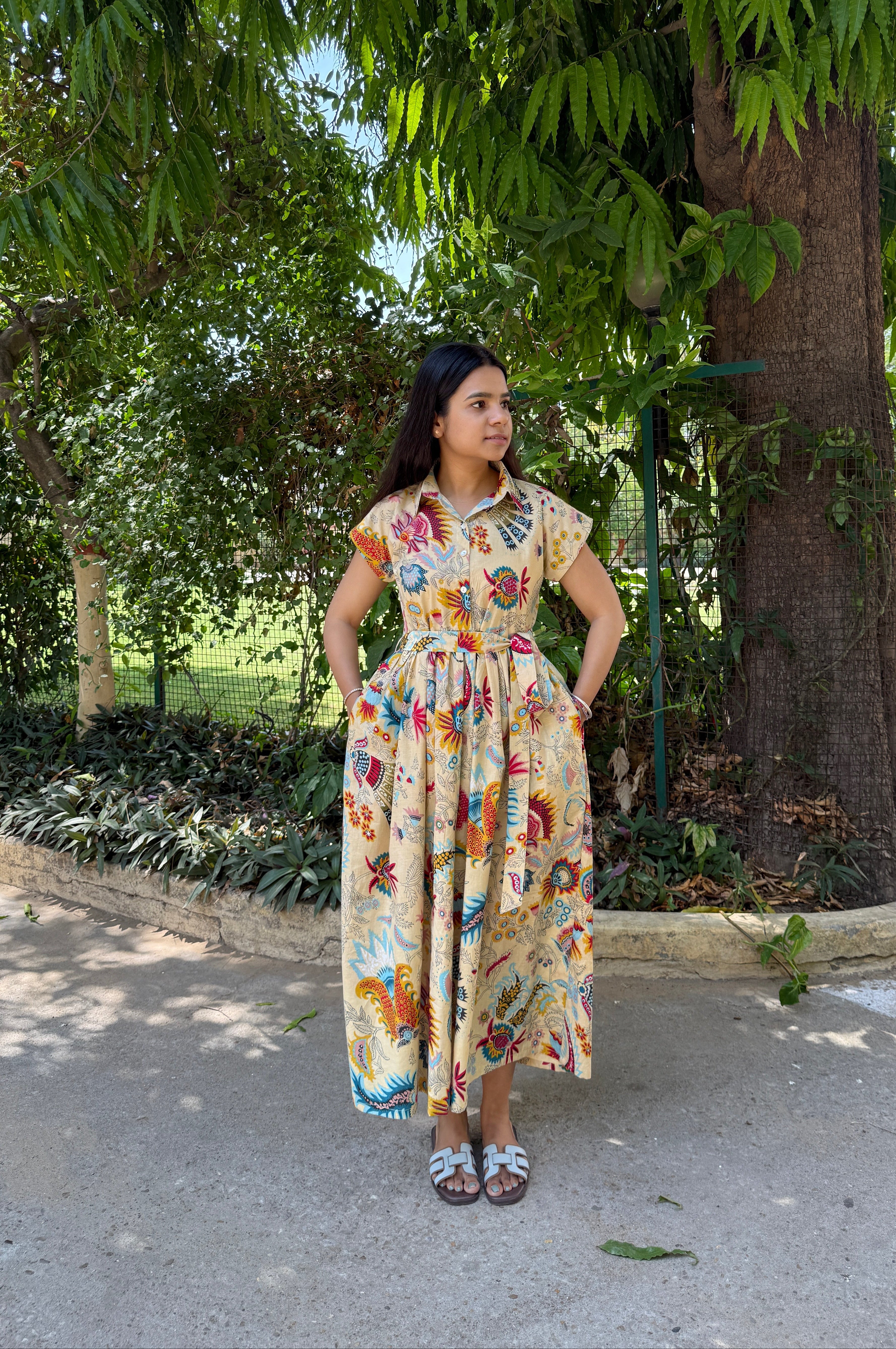 Vintage Print Belt Dress