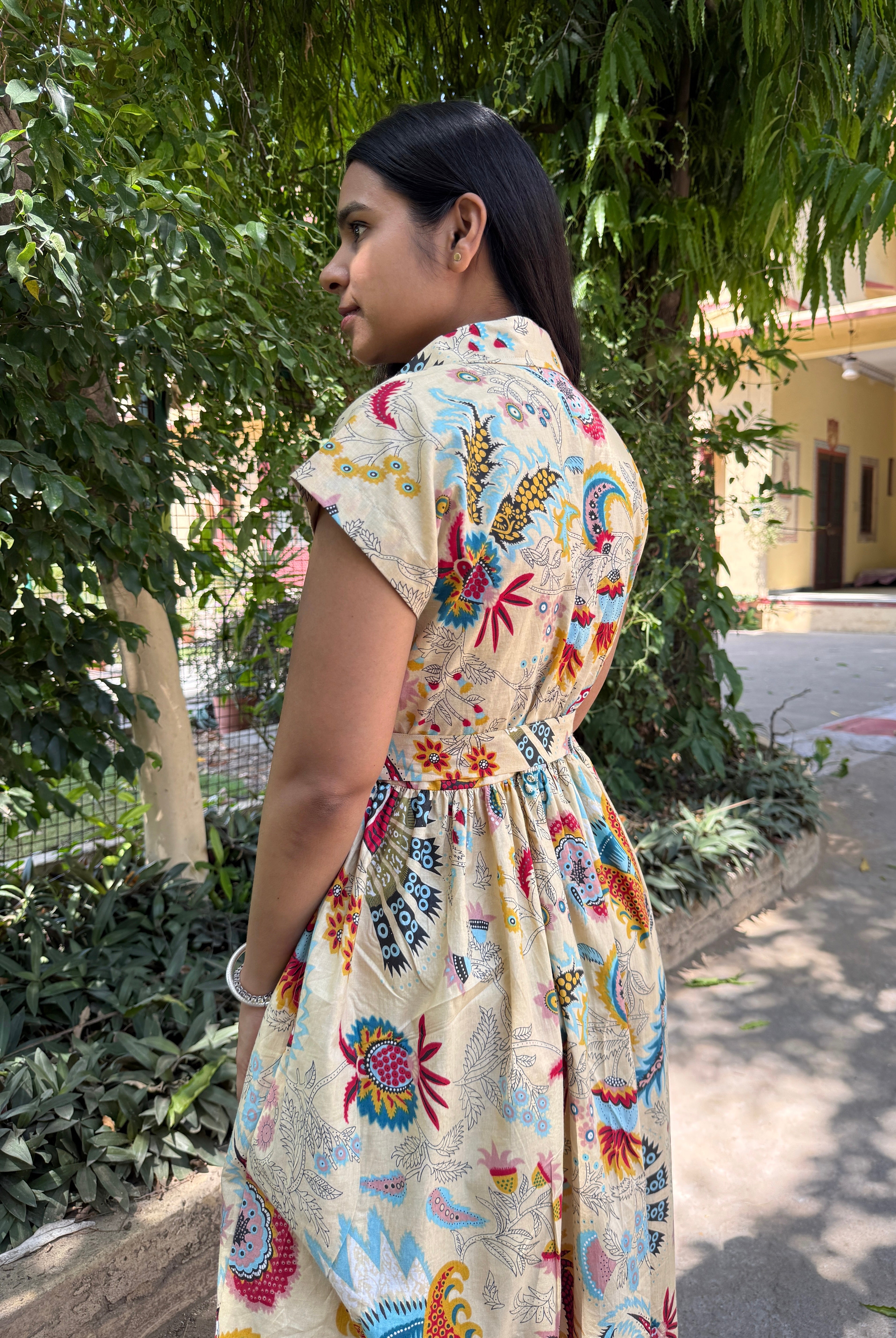 Vintage Print Belt Dress