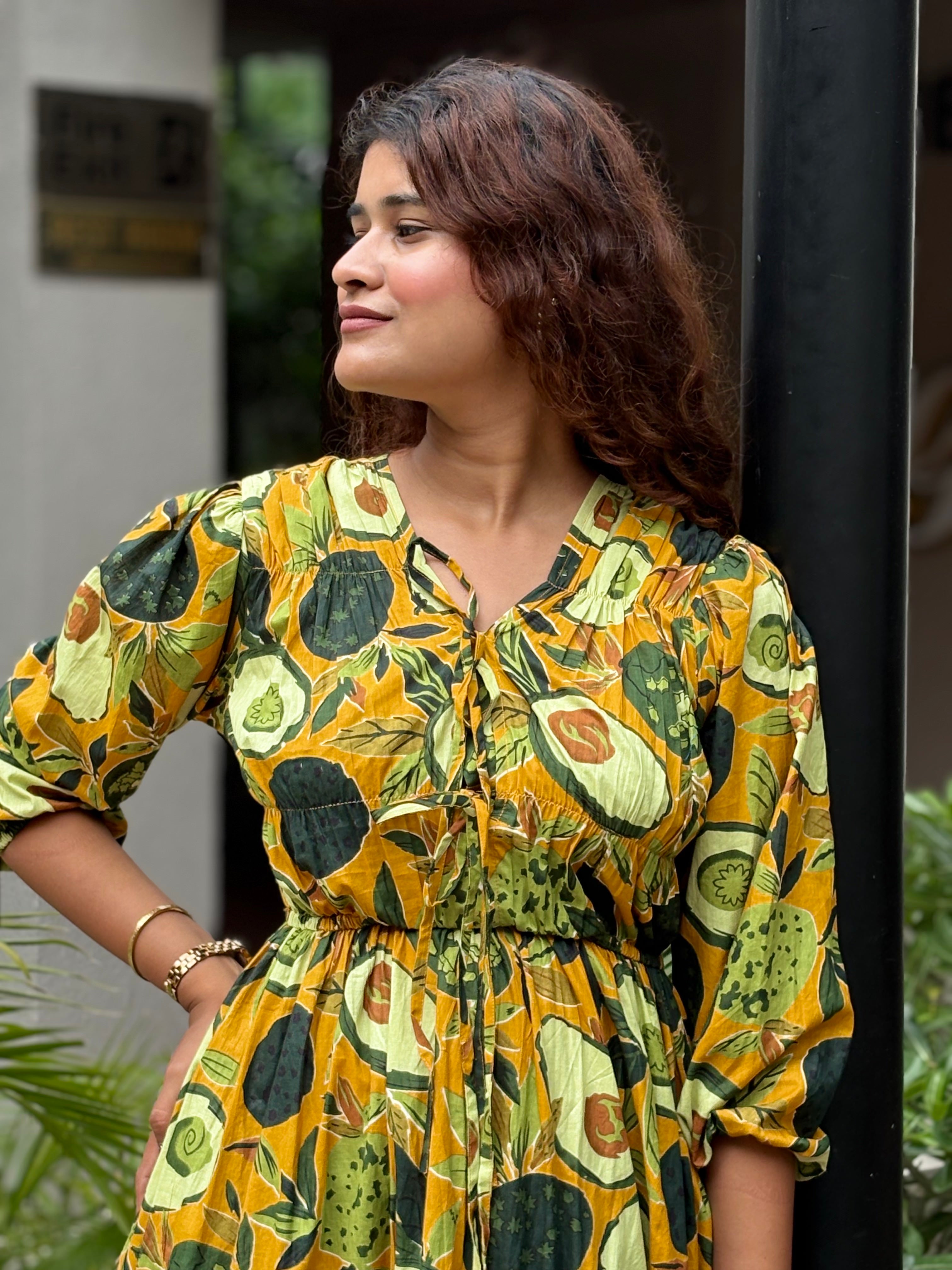 ⁠Yellow Avocado Tiered Dress