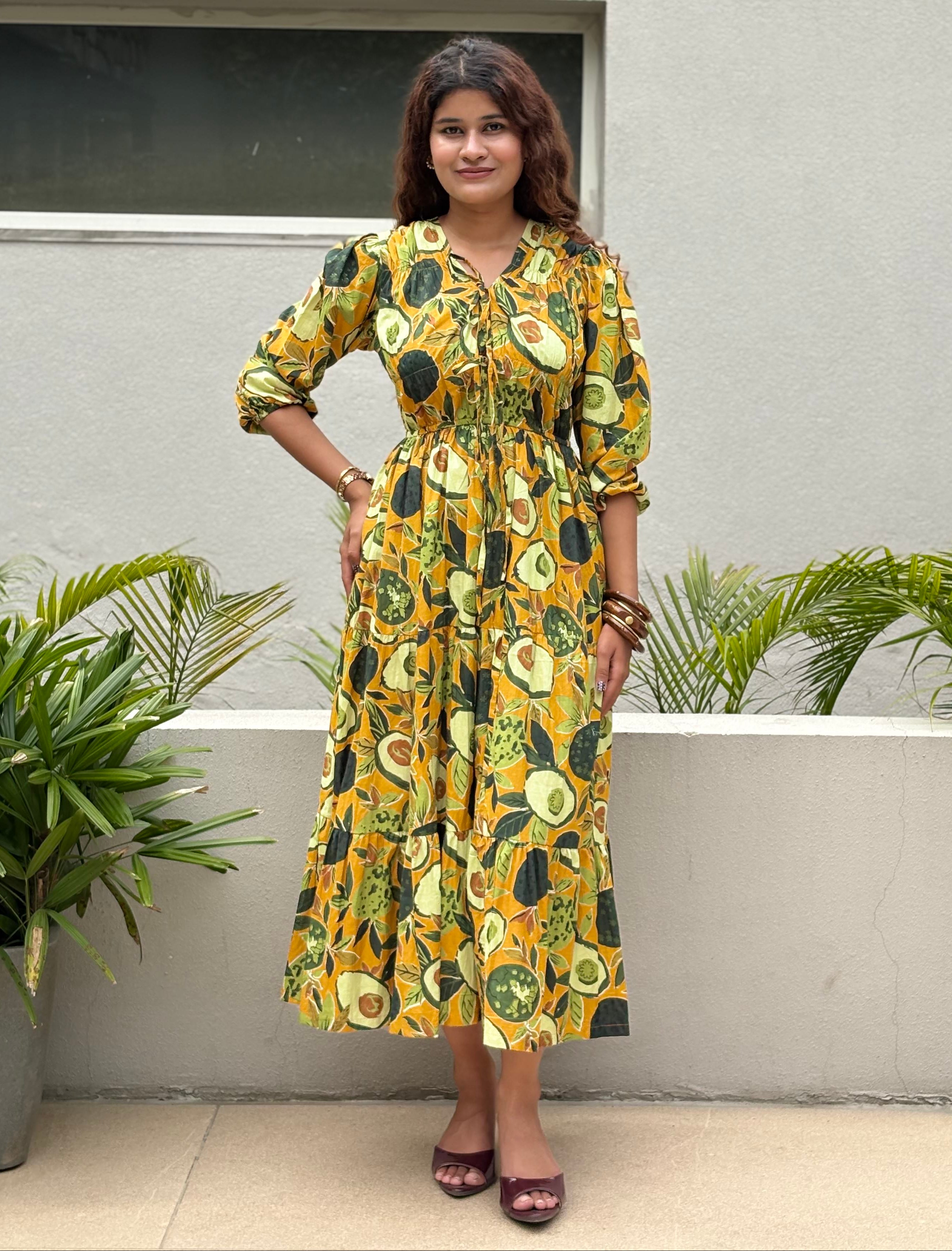 ⁠Yellow Avocado Tiered Dress