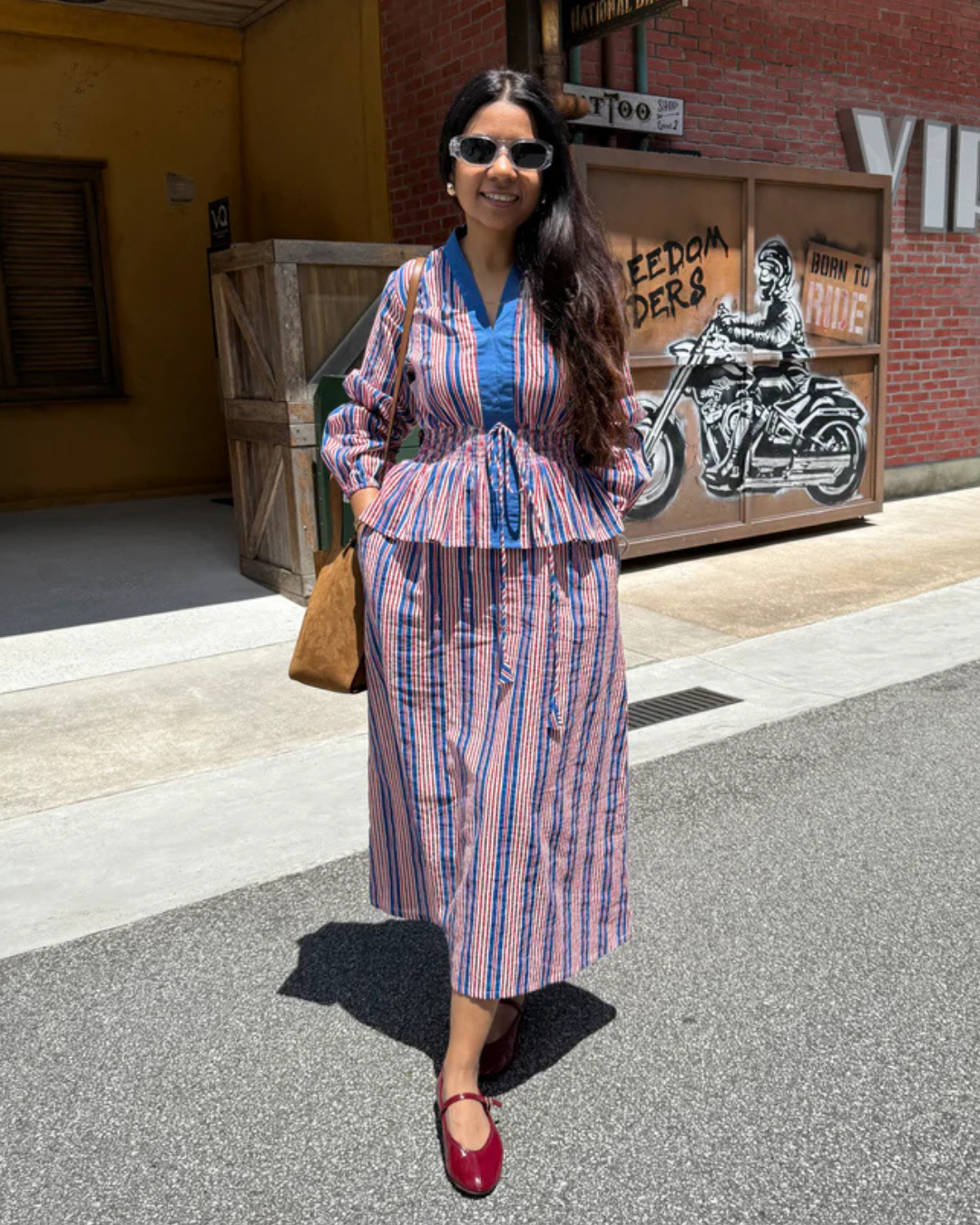 Red blue Striped Elasticated Long Dress