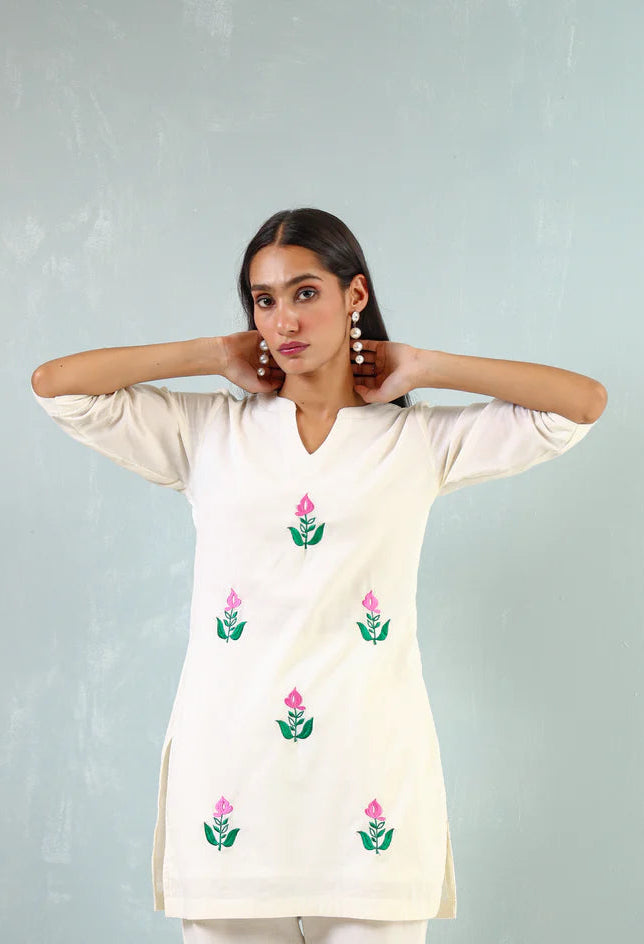 Lotus Embroidered Cotton Kurti