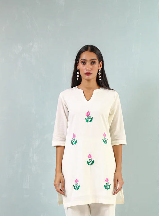 Lotus Embroidered Cotton Kurti