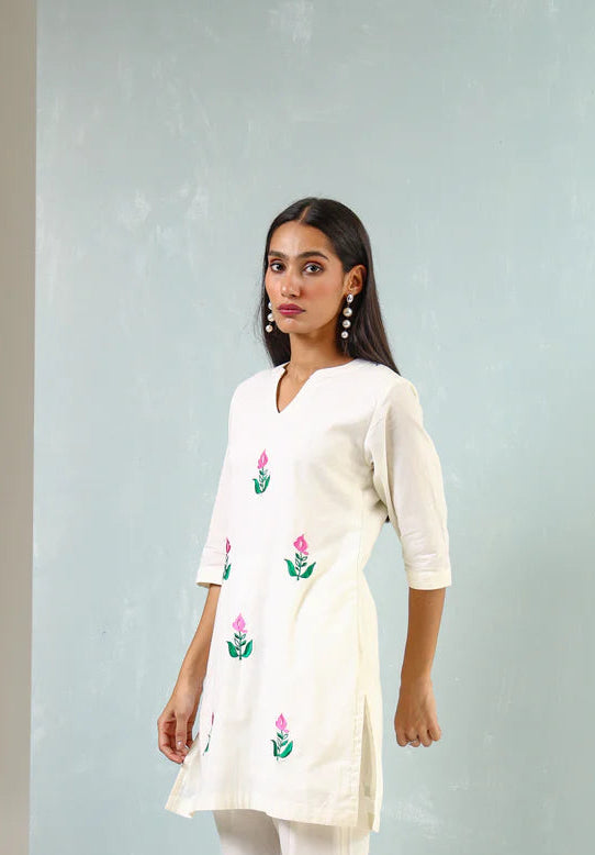 Lotus Embroidered Cotton Kurti