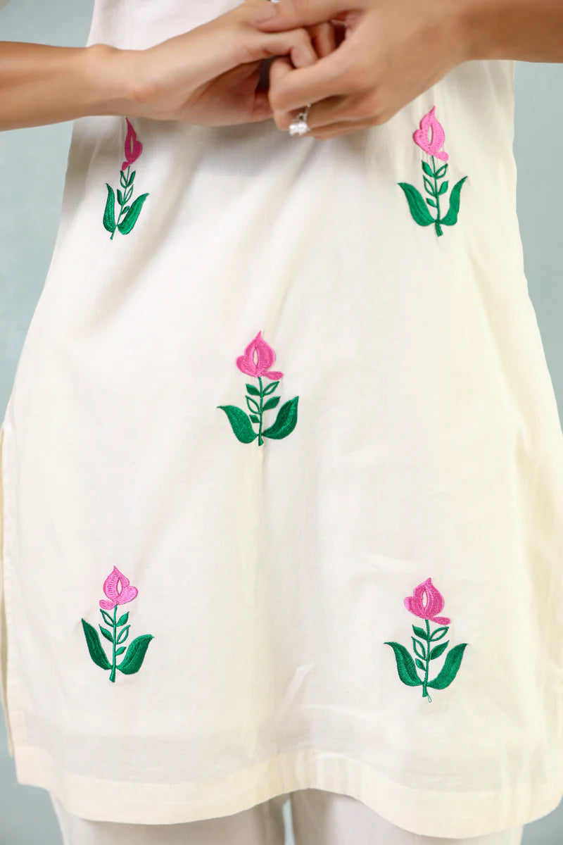 Lotus Embroidered Cotton Kurti