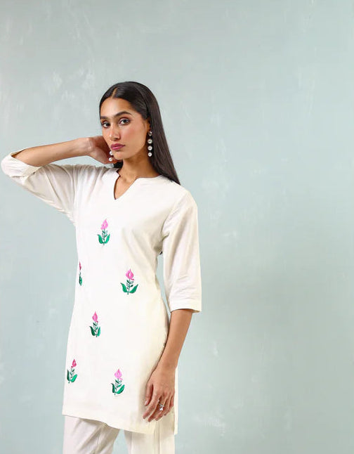 Lotus Embroidered Cotton Kurti