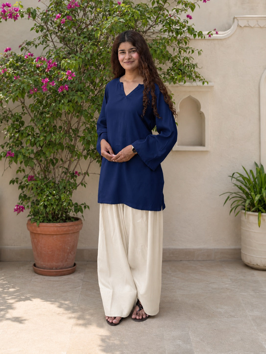 Navy Blue off white Rayon contrast Farshi set
