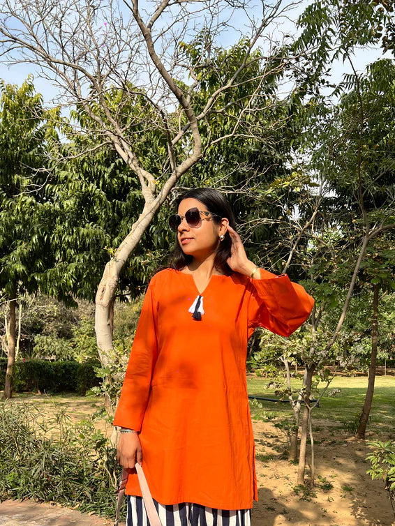 Orange Solid Cotton Kurti