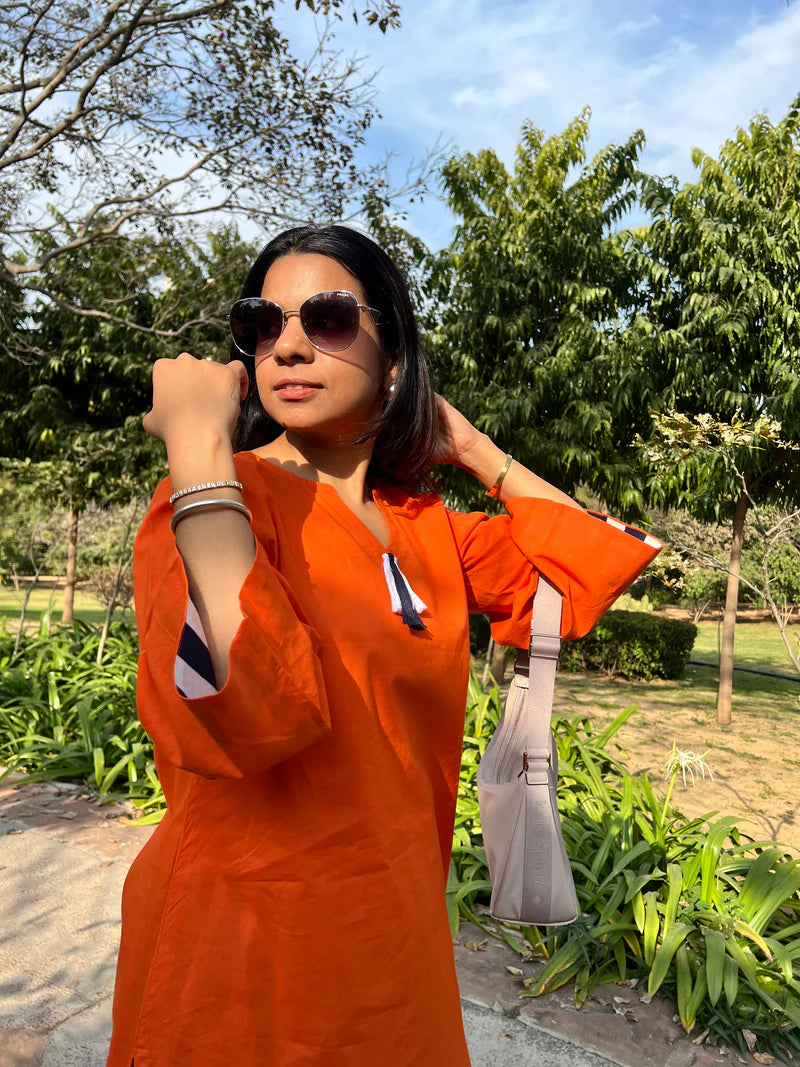 Orange Solid Cotton Kurti