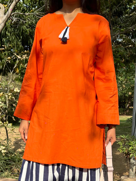 Orange Solid Cotton Kurti