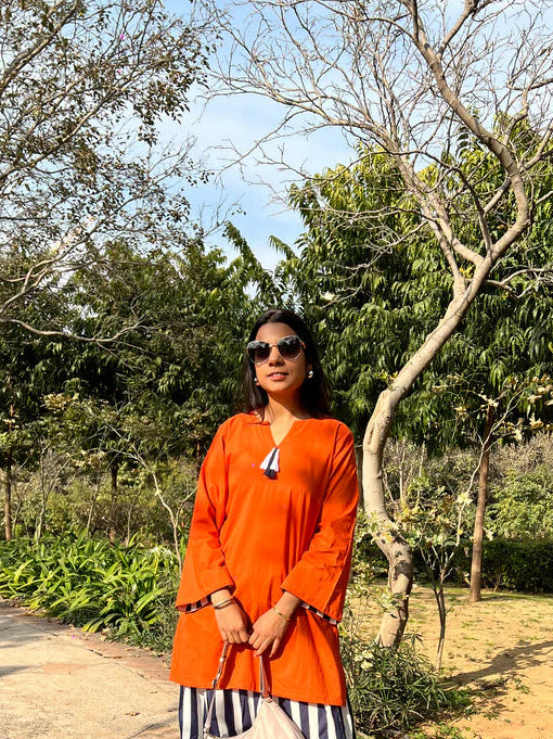 Orange Solid Cotton Kurti