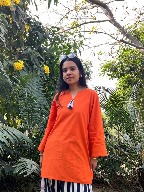 Orange Solid Cotton Kurti