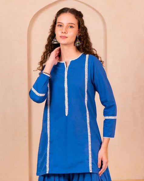 Solid Blue Cotton Kurti