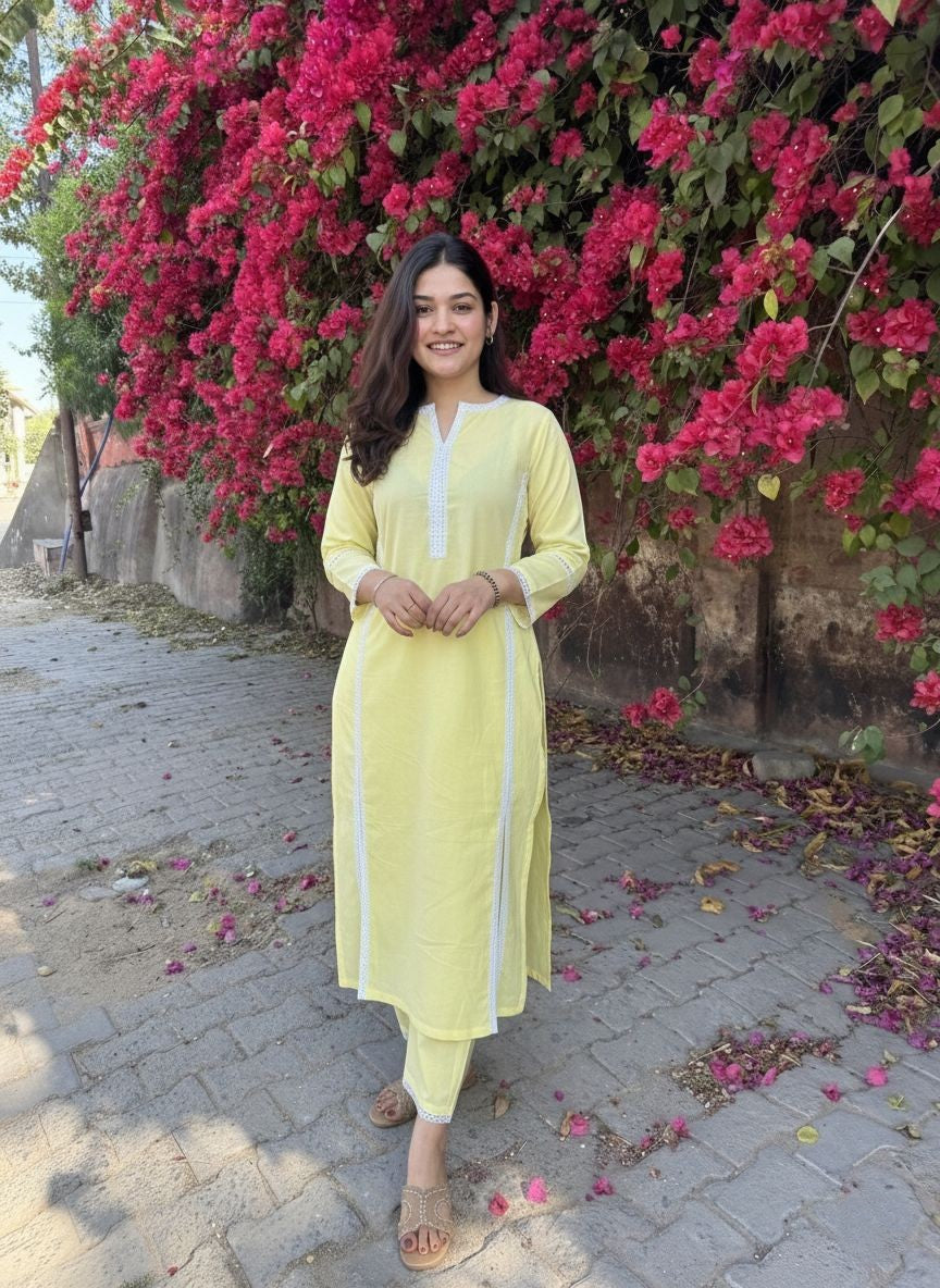 Butter yellow Lace kurta set