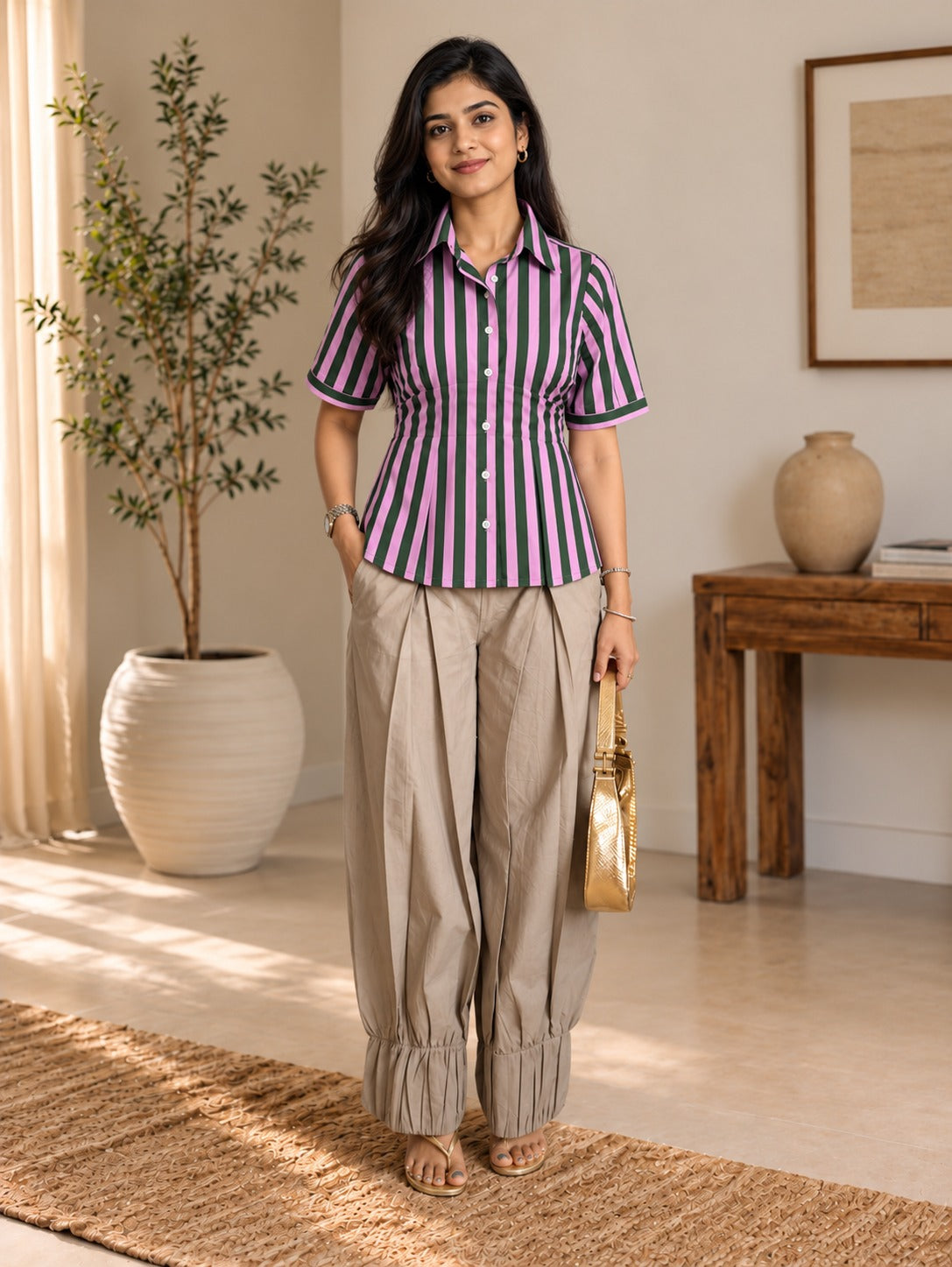 Green Pink - Earthy grey balloon pant set