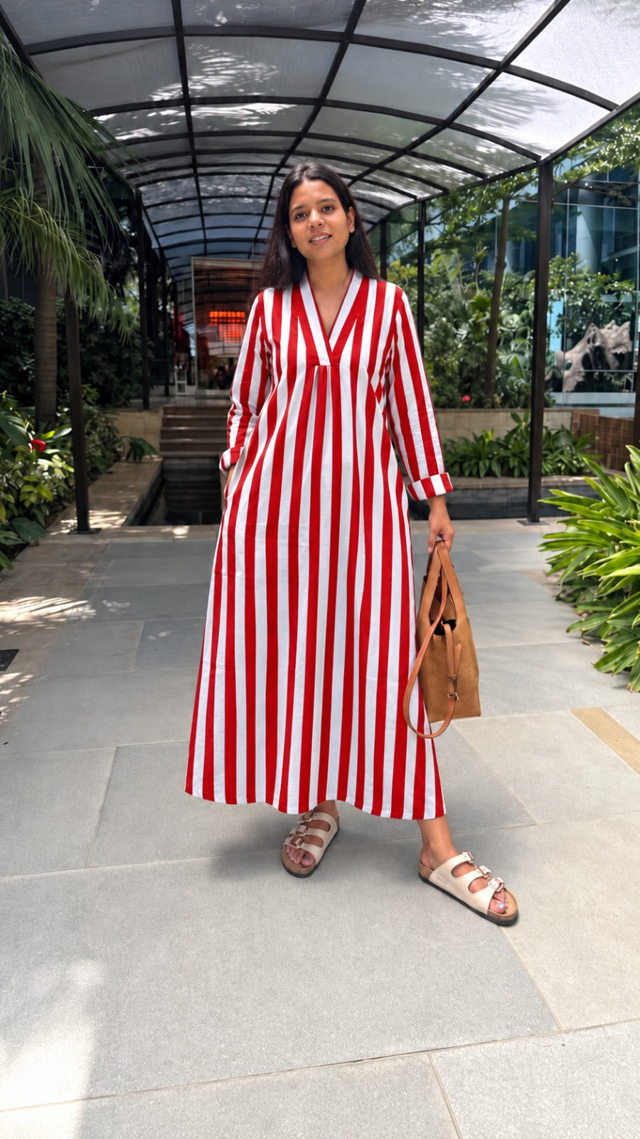 Red Grey stripe Day Dress