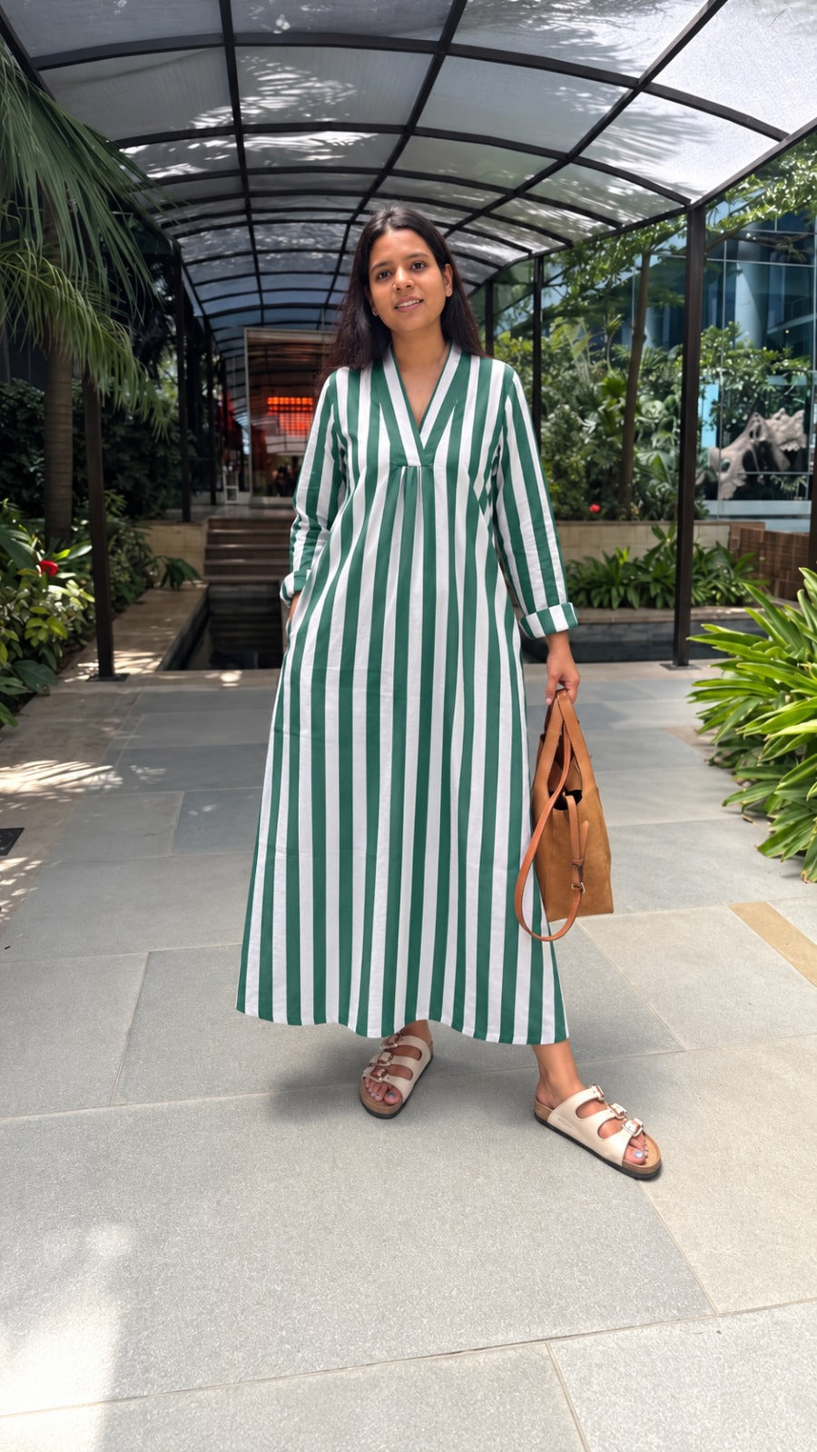 Green Grey stripe day dress