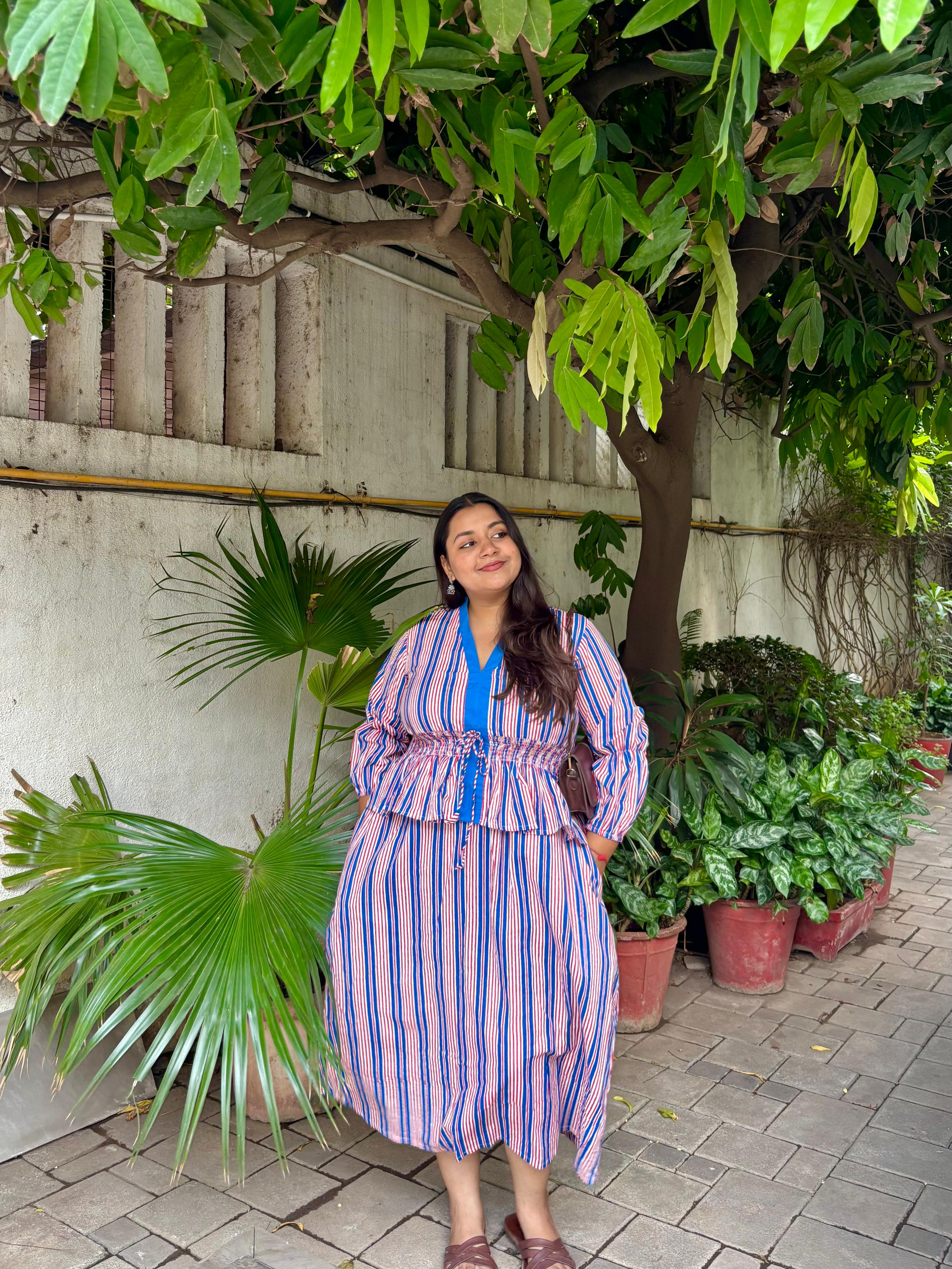 Red blue Striped Elasticated Long Dress