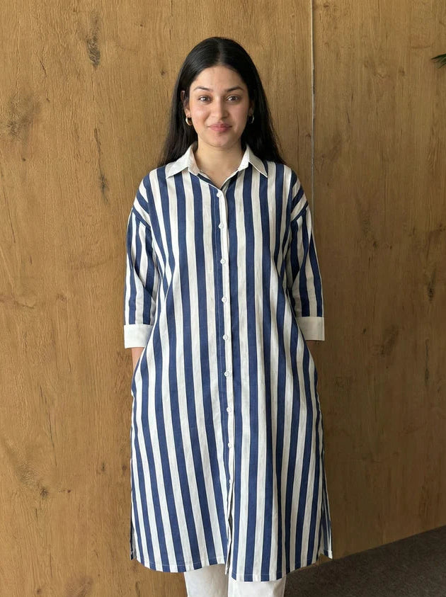 Blue White Stripe Cotton Kurti