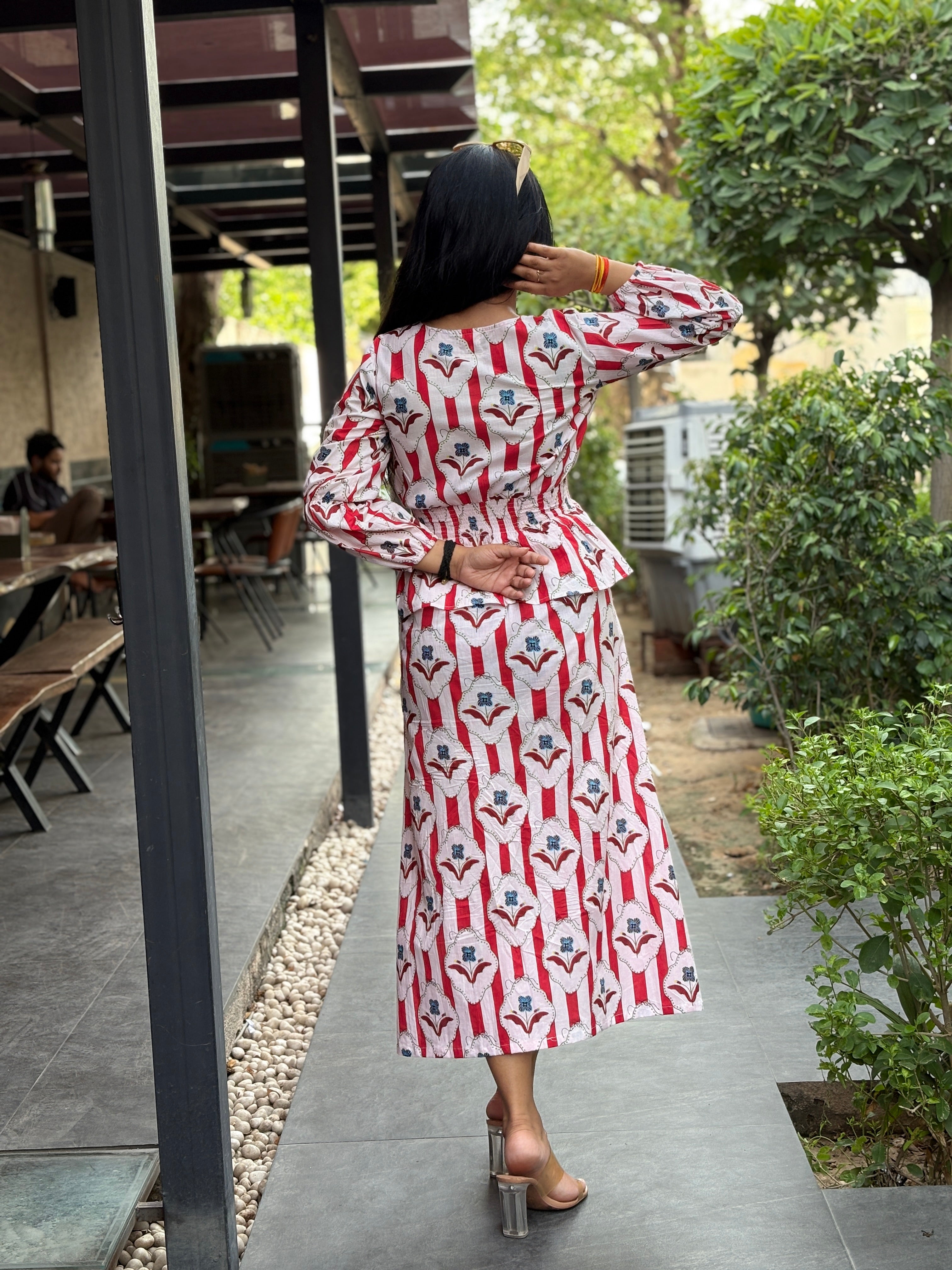 Red buti elasticated long dress