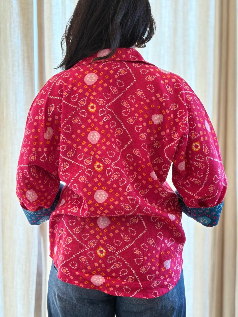 Pink Bandhni Shirt with blue patch