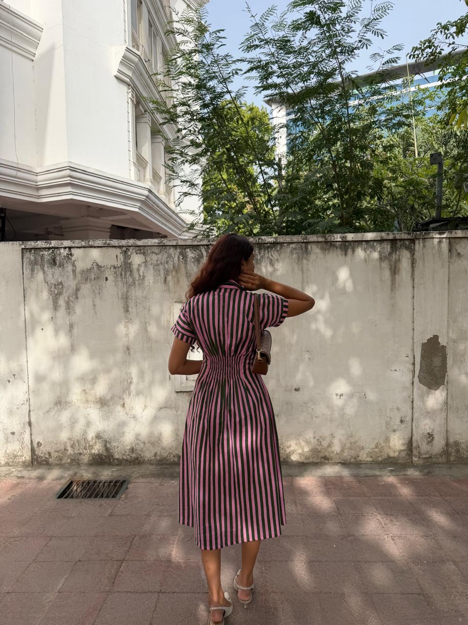 Green Pink Stripe Shirt Dress