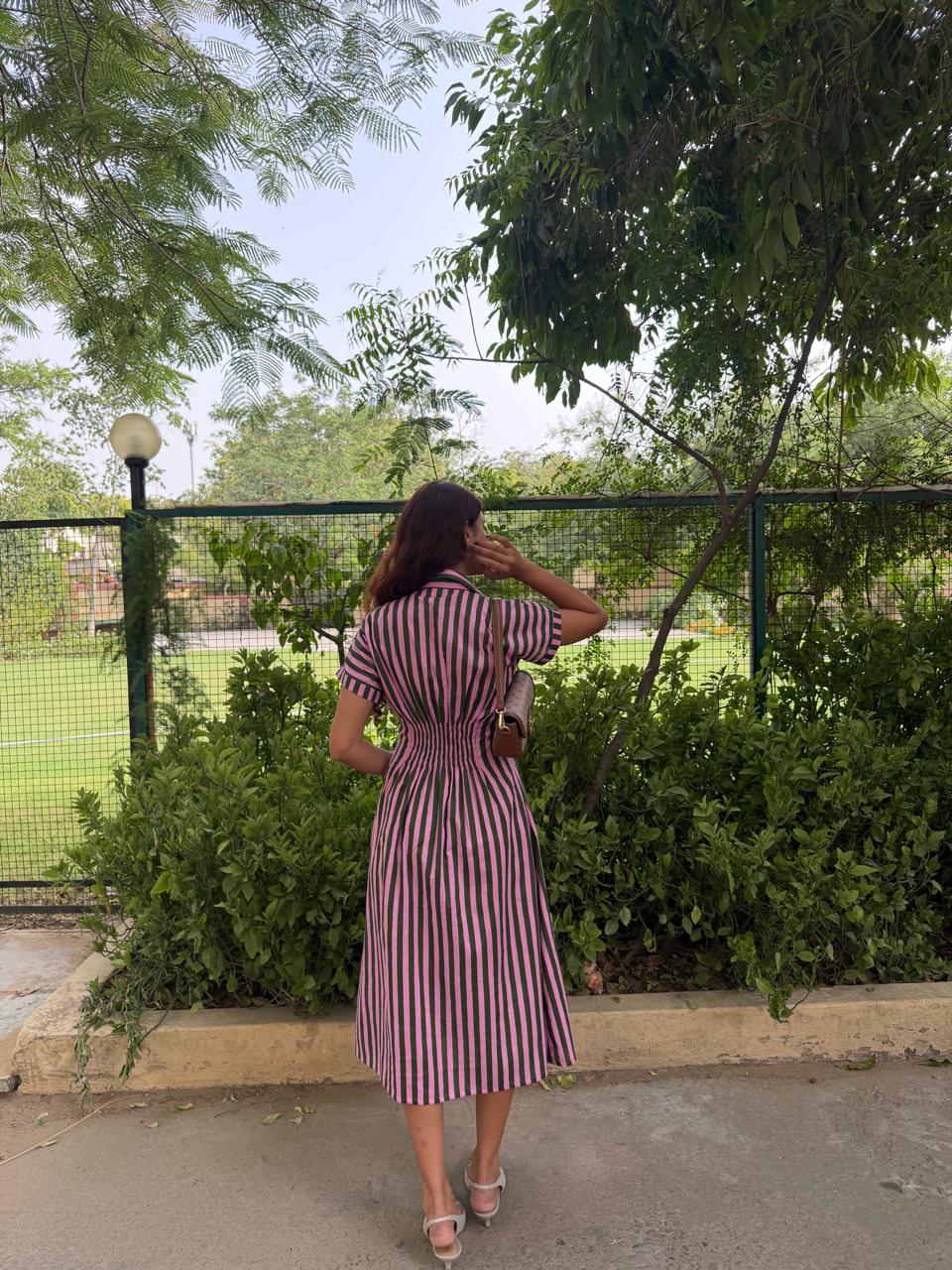 Green Pink Stripe Shirt Dress