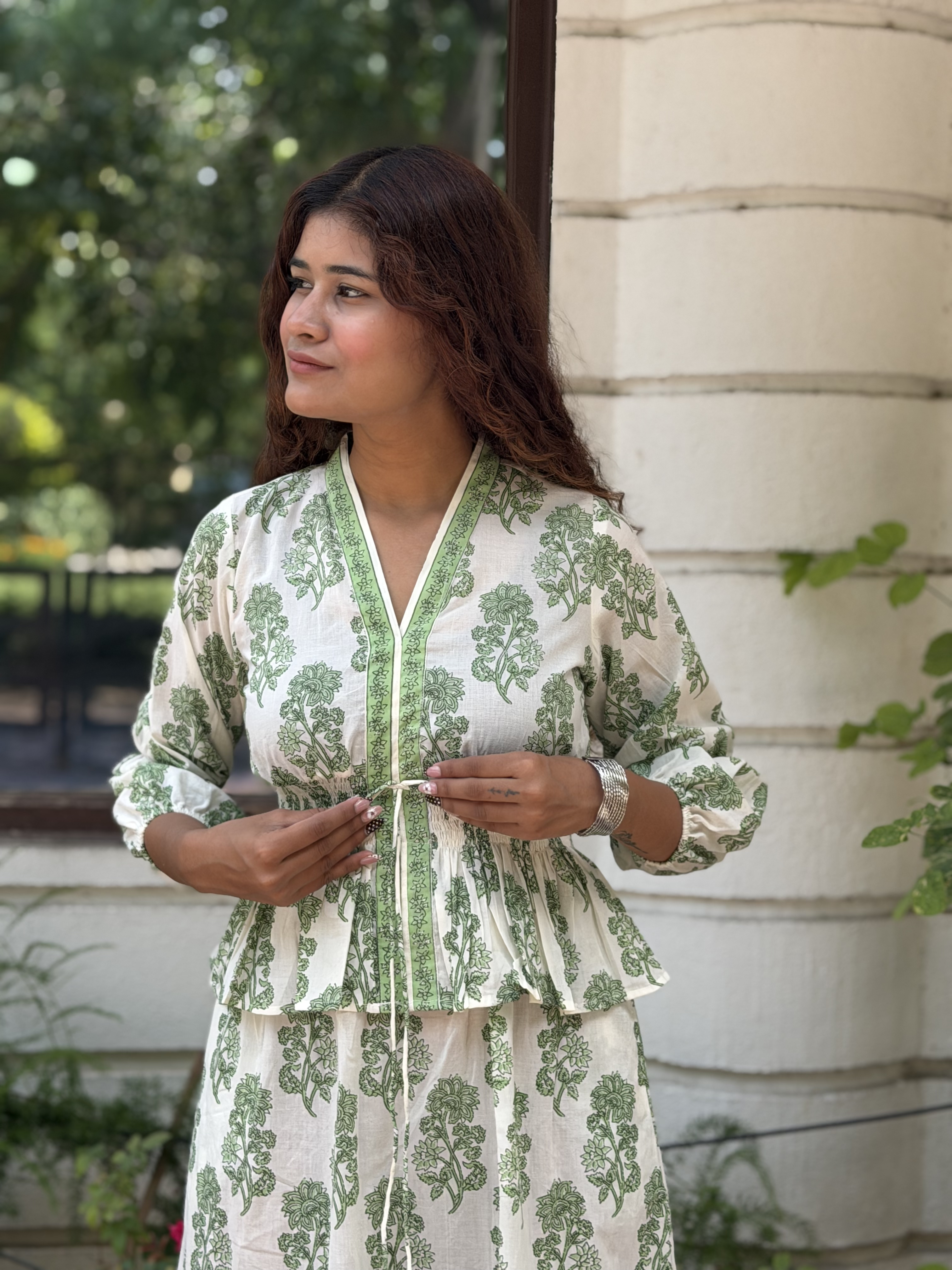 Hand-blocked White & Green Elasticated Long Dress