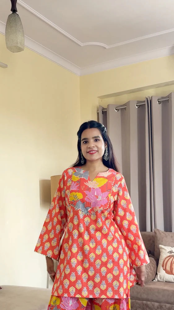Coral Orange Everyday Printed Cotton Kurti
