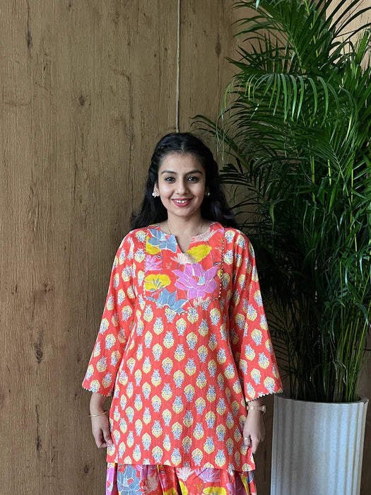Coral Orange Everyday Printed Cotton Kurti
