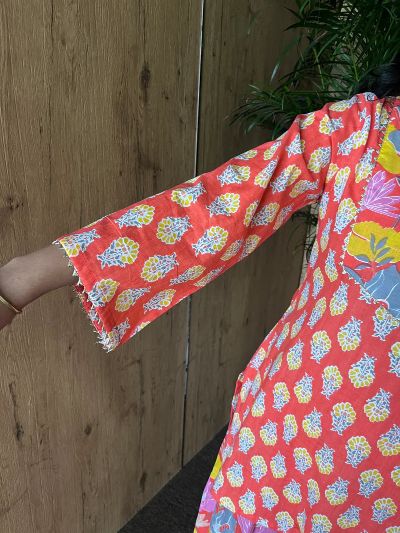 Coral Orange Everyday Printed Cotton Kurti
