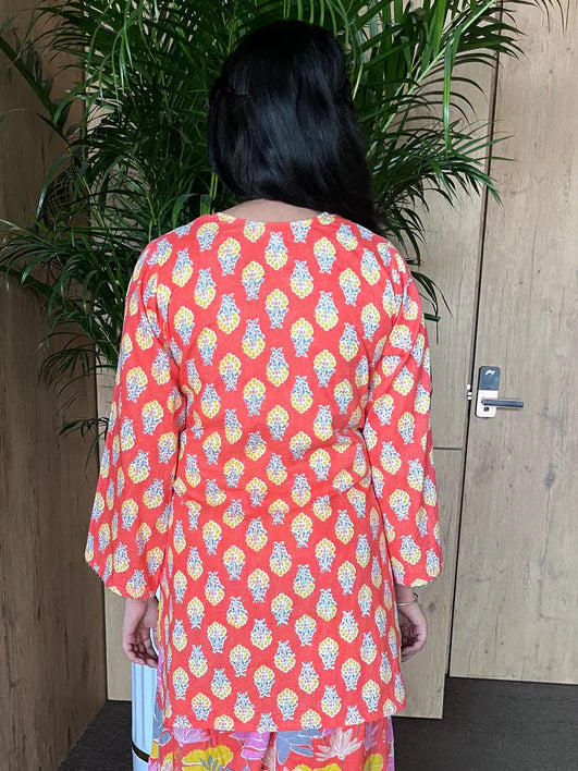 Coral Orange Everyday Printed Cotton Kurti