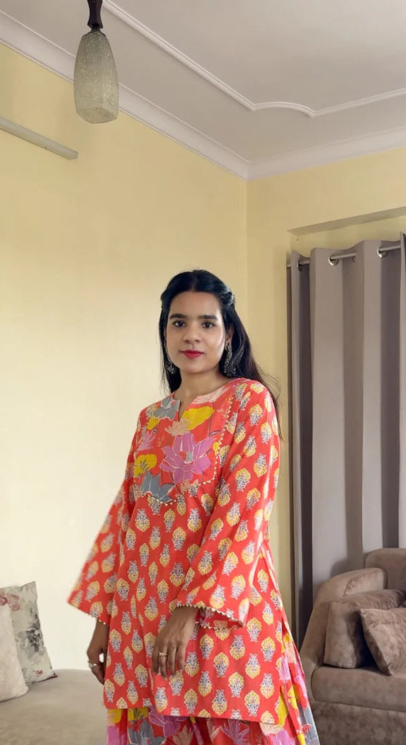 Coral Orange Everyday Printed Cotton Kurti