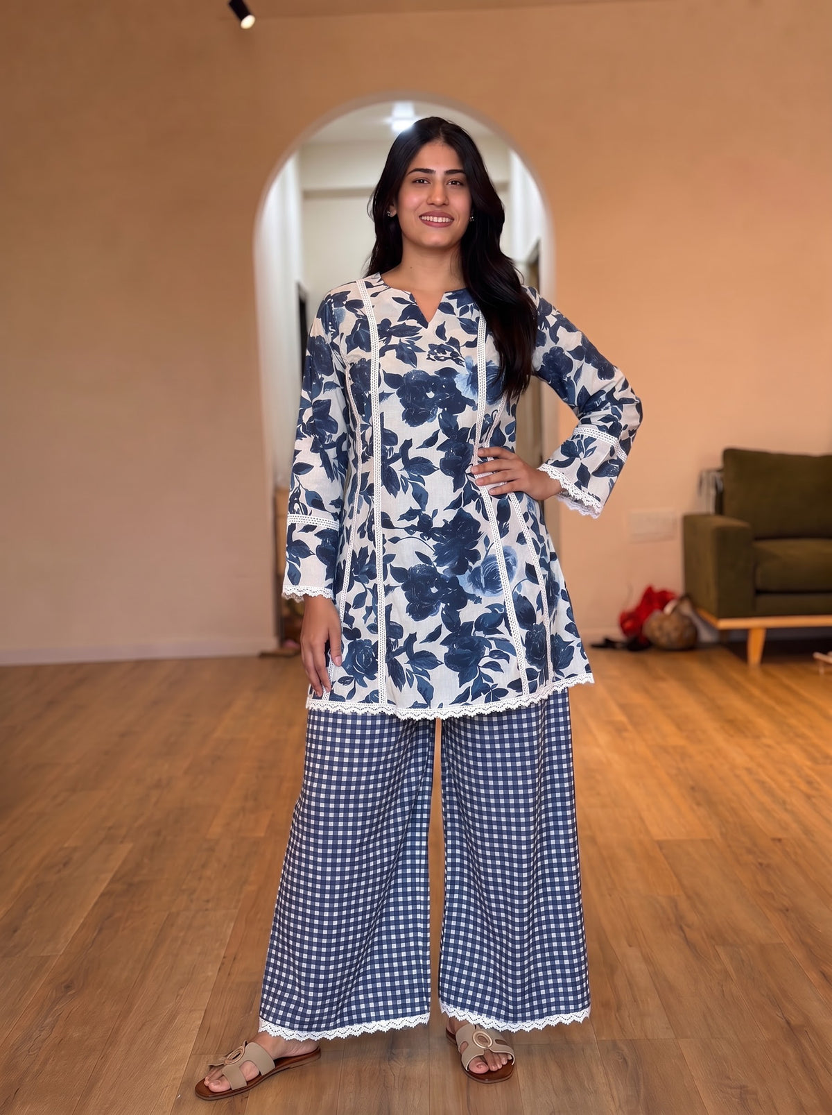 Indigo Bloom Gingham Farshi set