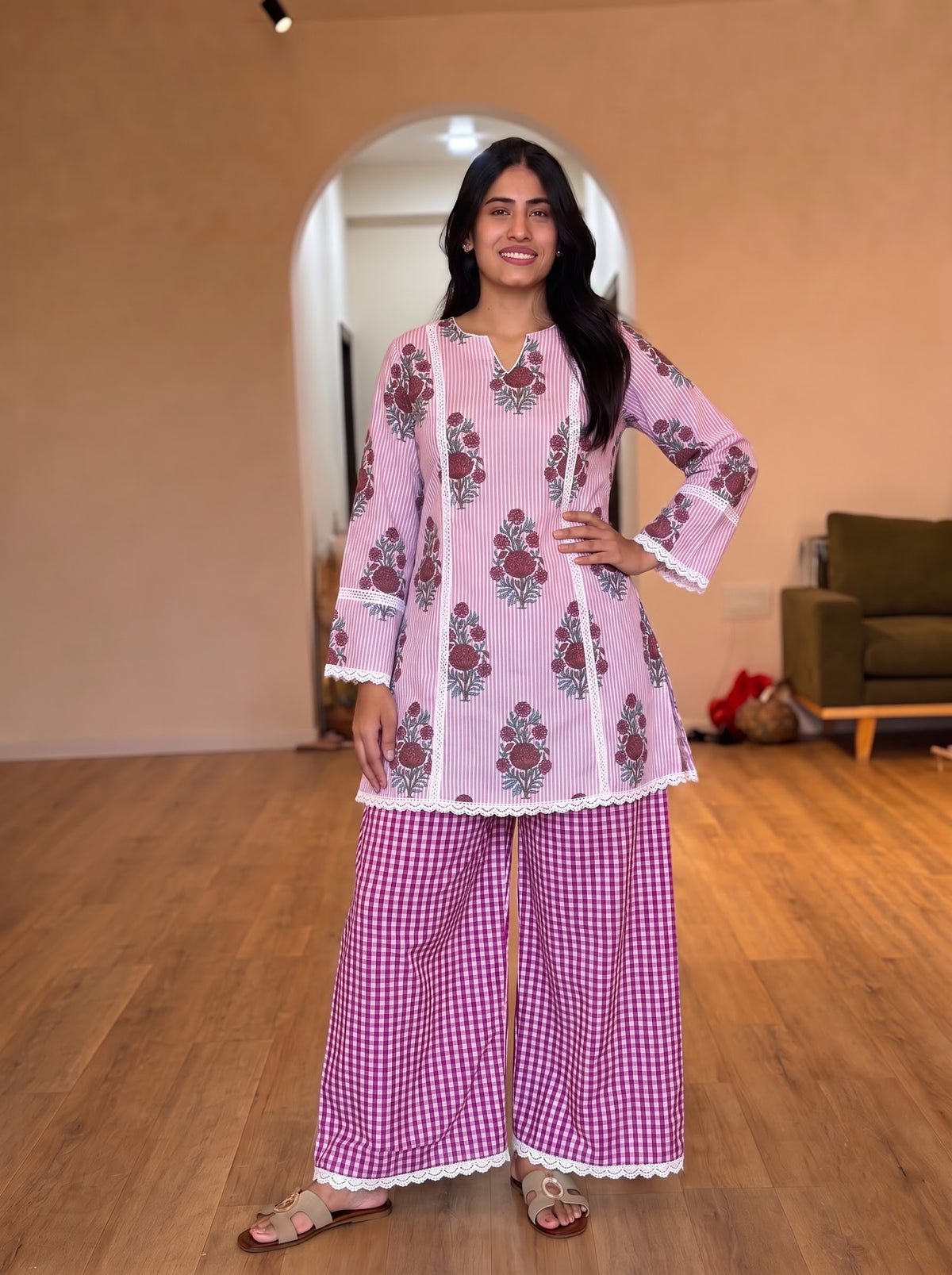 Rose Gingham Floral Palazzo Farshi set