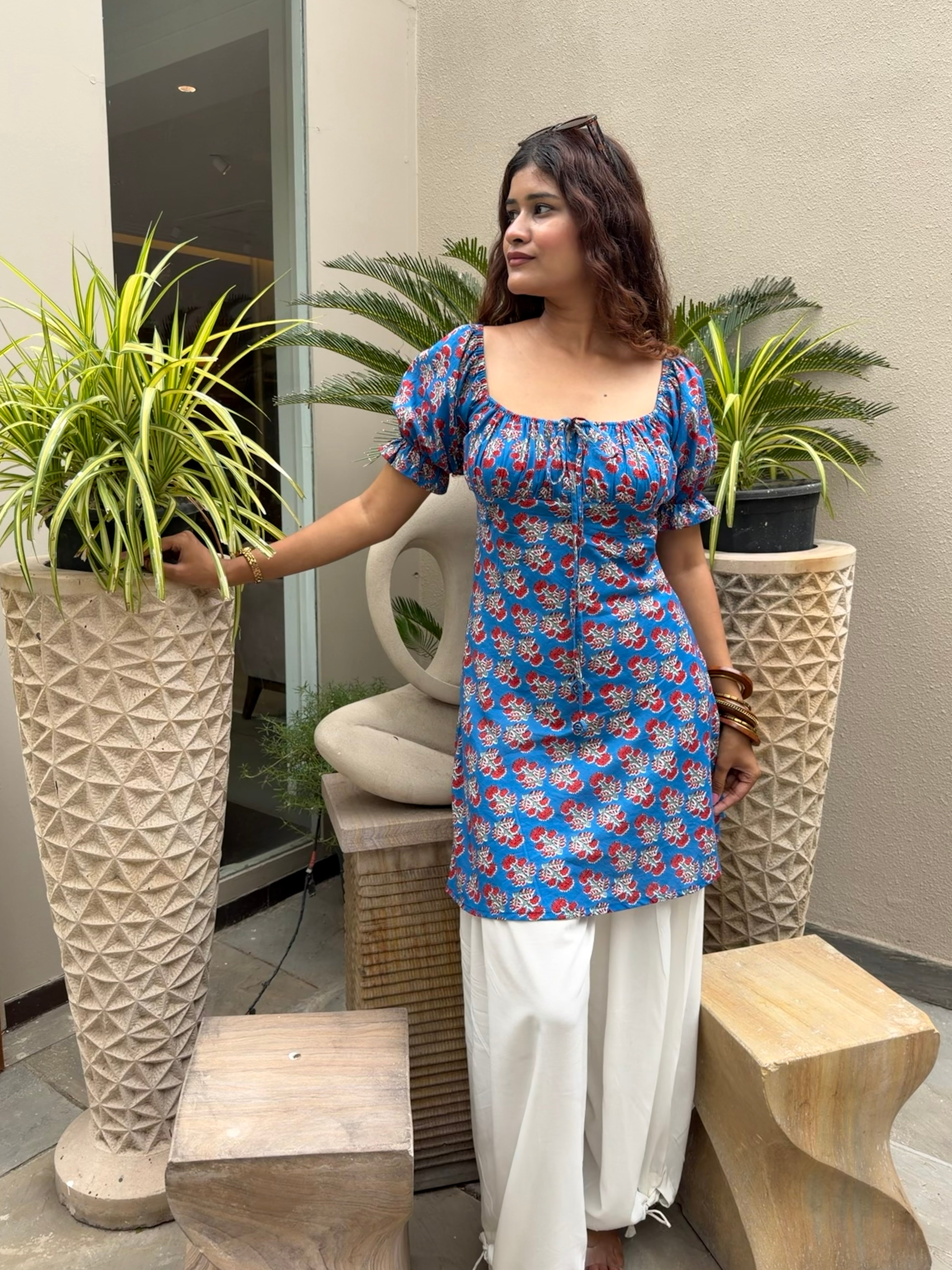 Blue Bloom Kurti with Dori Balloon Salwar