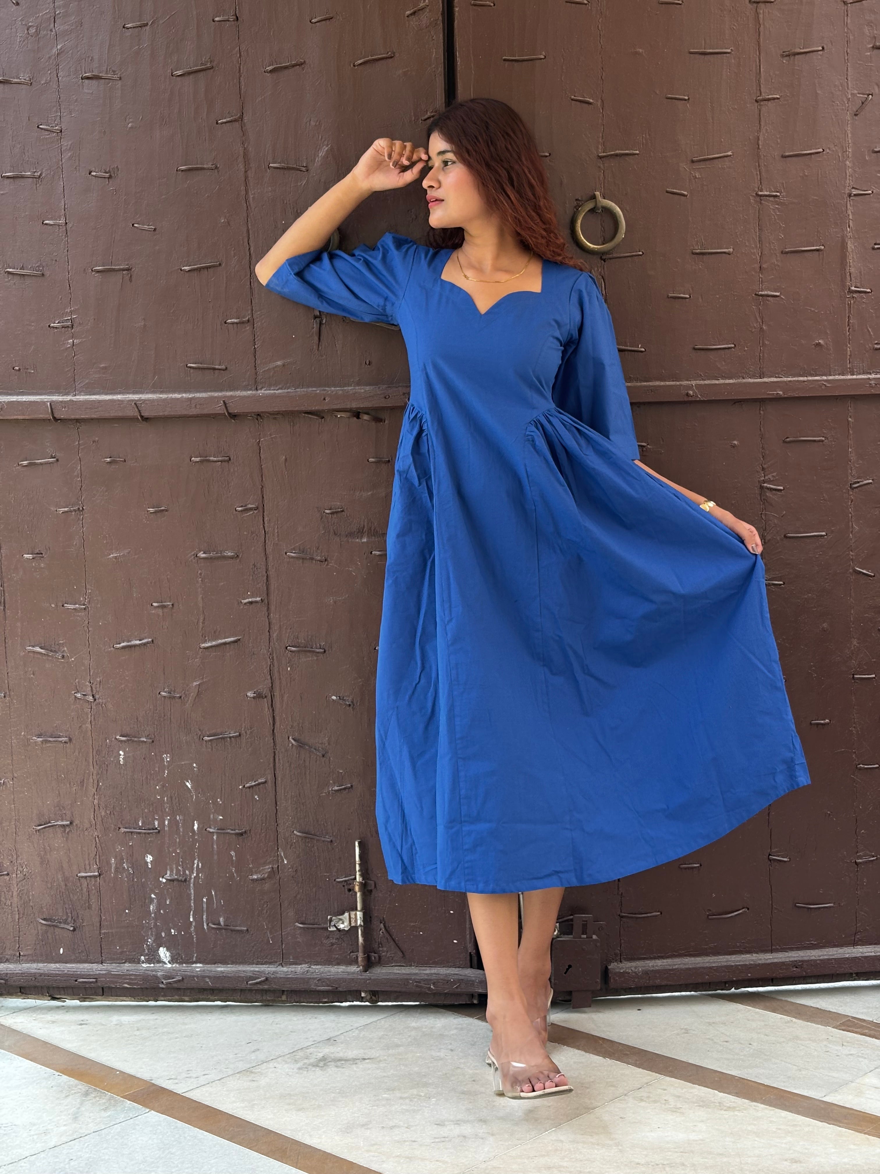 Fit and Flare Midi Blue Dress
