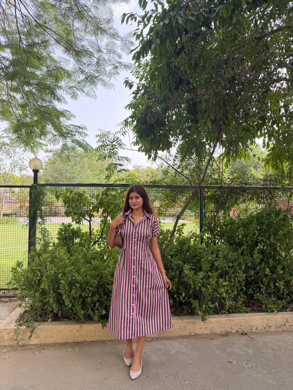 Green Pink Stripe Shirt Dress