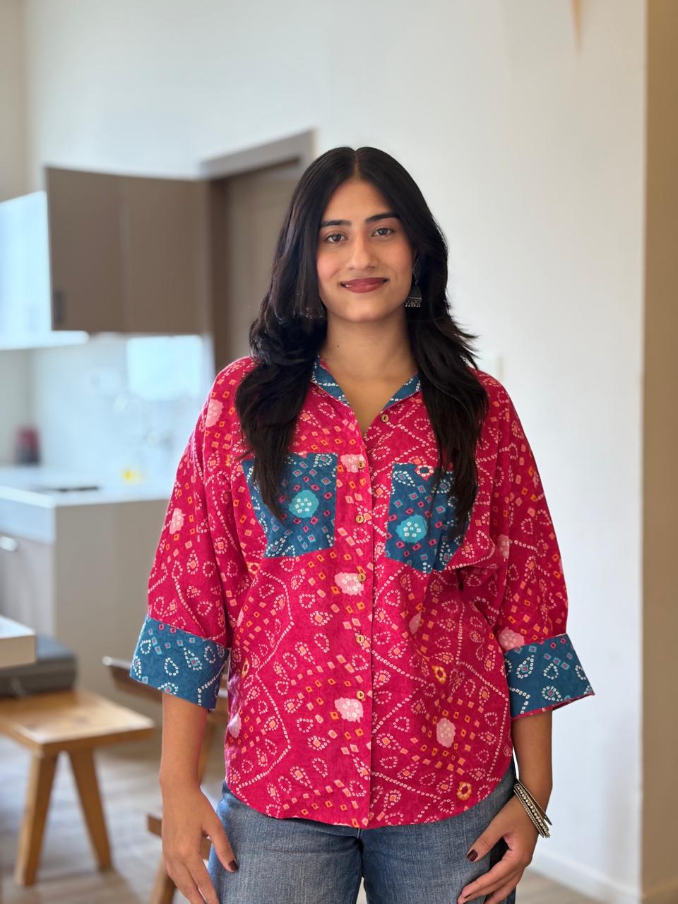 Pink Bandhni Shirt with blue patch