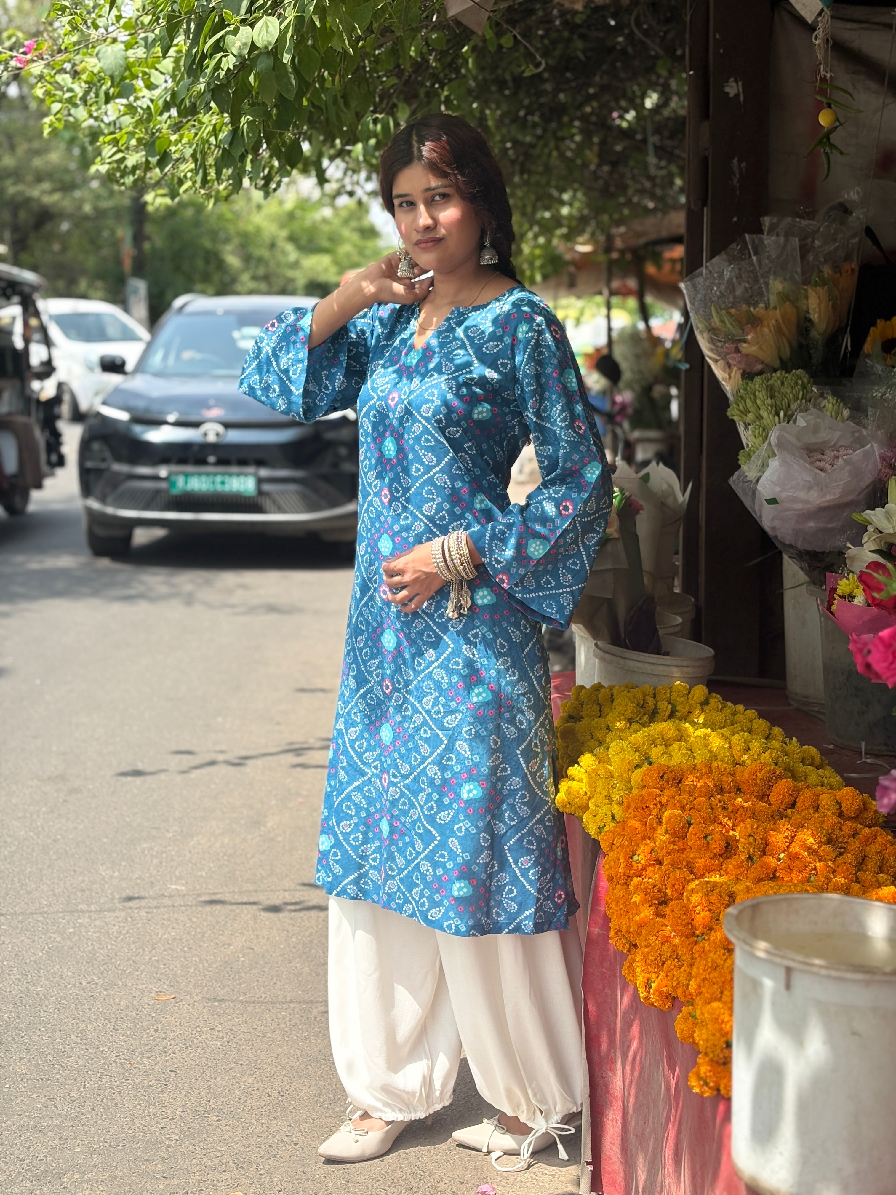 Blue Bandhni kurta with Balloon Salwar