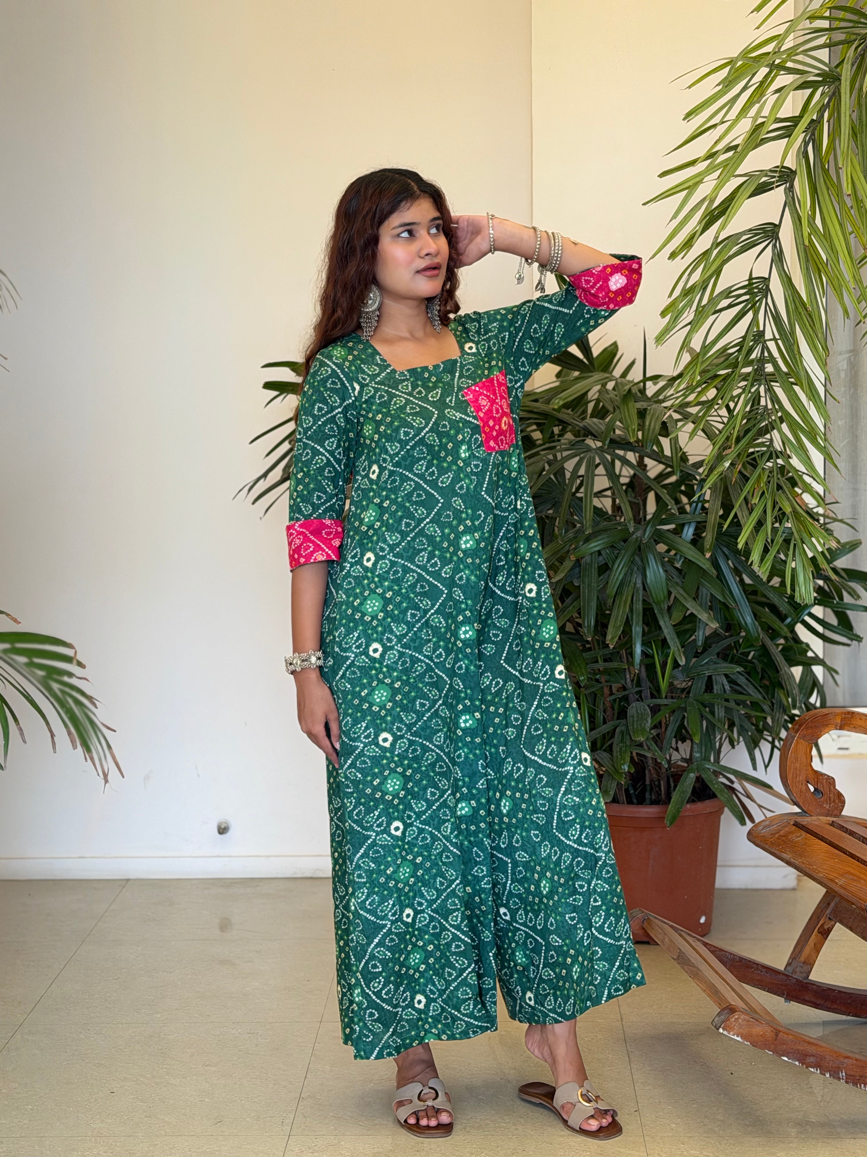Green Bandhni Pink patch Jumpsuit