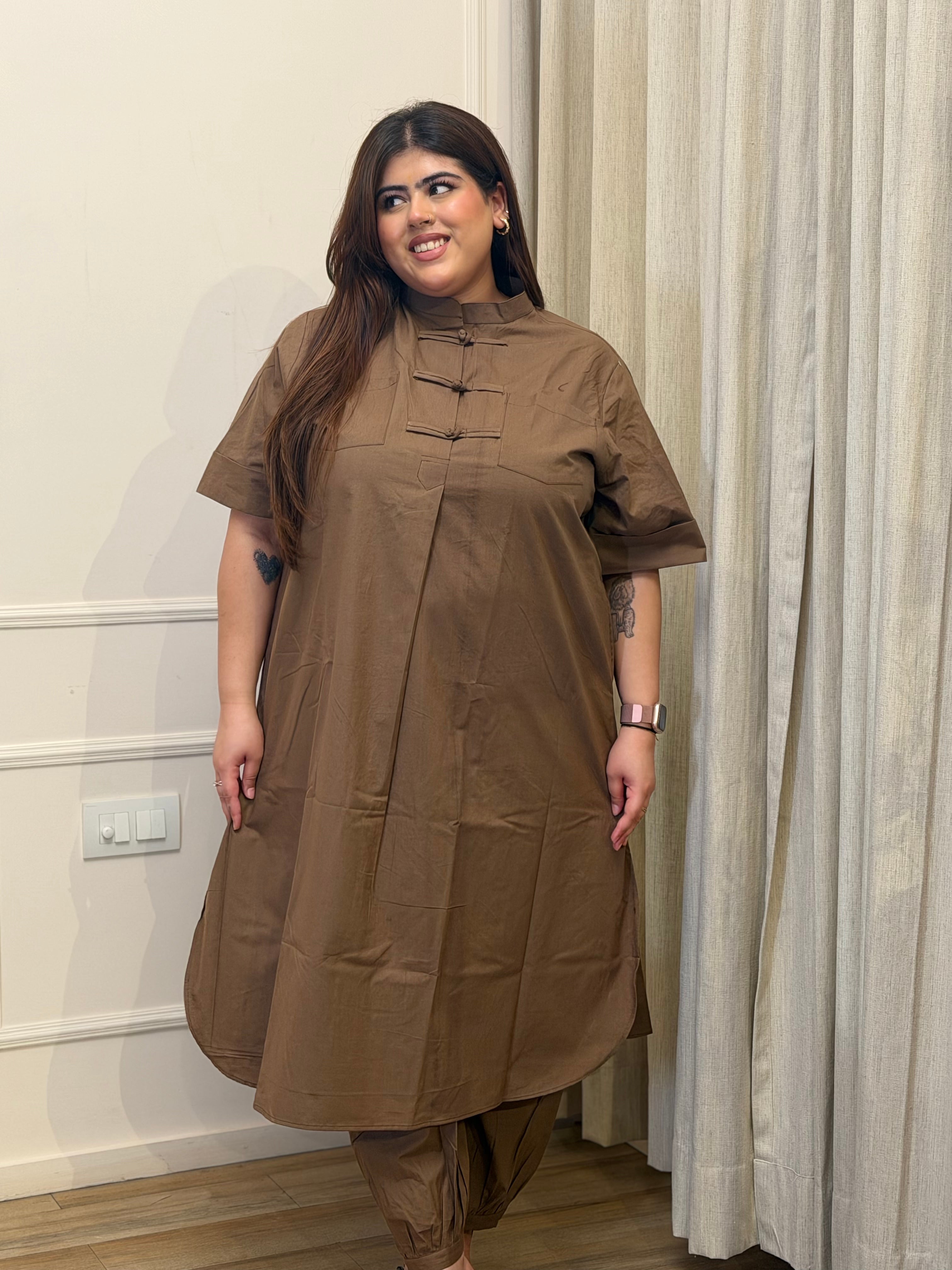 Mocha Brown Mandarin Collar Co-Ord Set