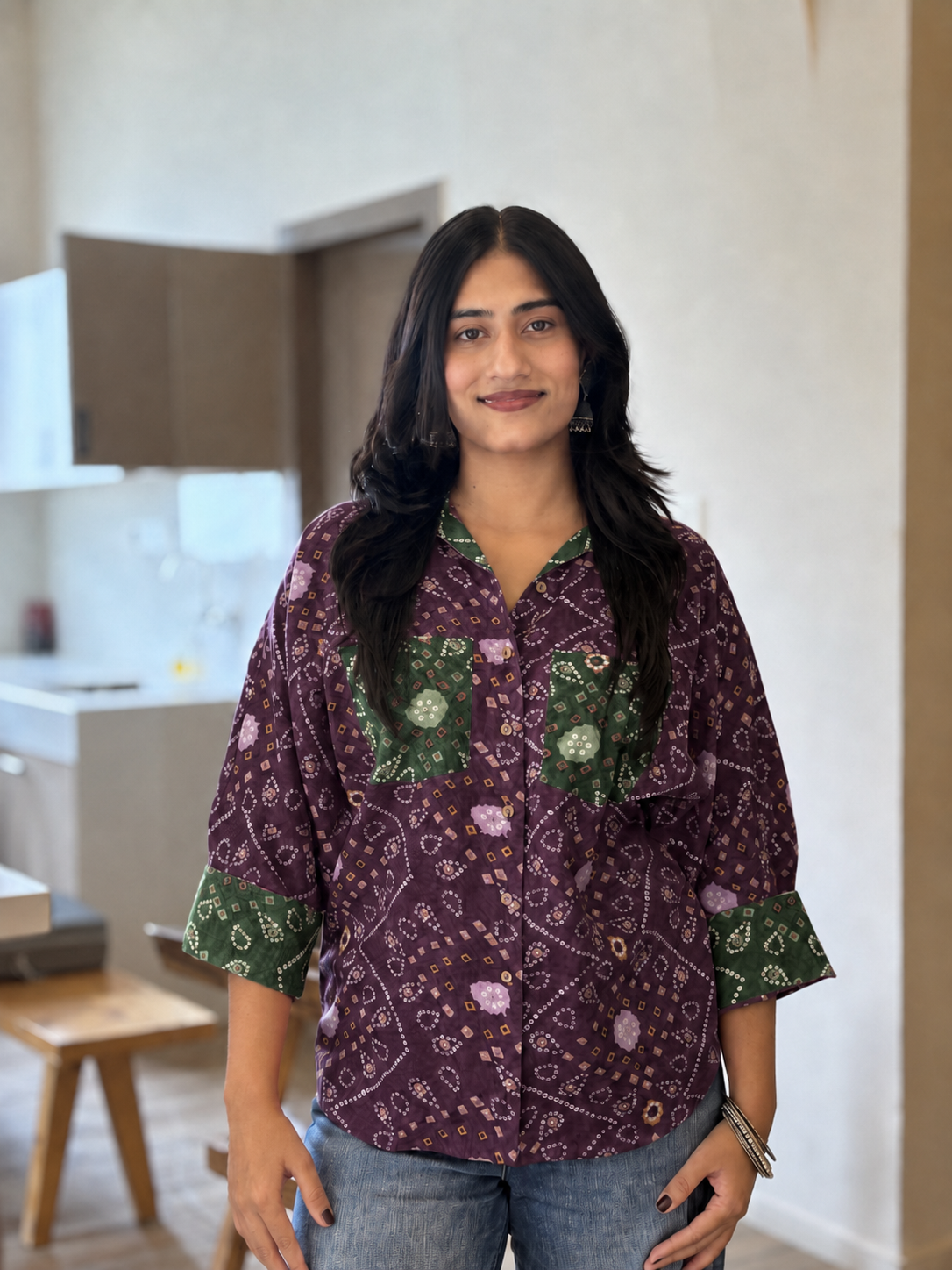 Wine Bandhani shirt with green patch