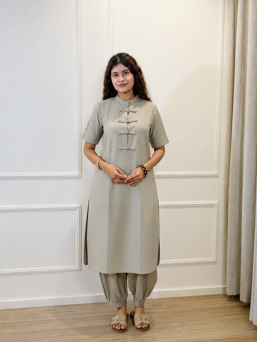 Earthy Grey Mandarin Collar Co-Ord Set