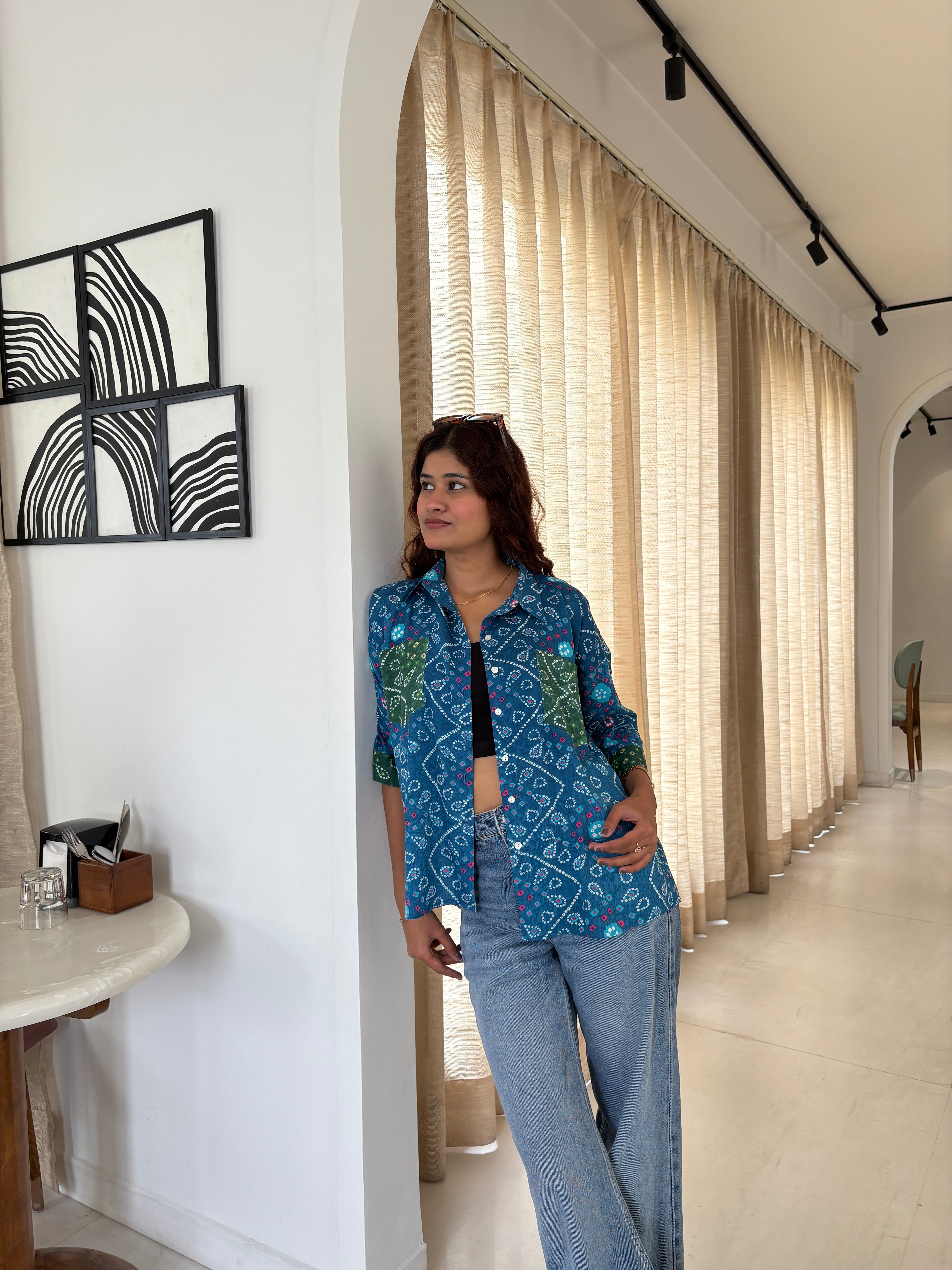 Blue Bandhani shirt with green patch