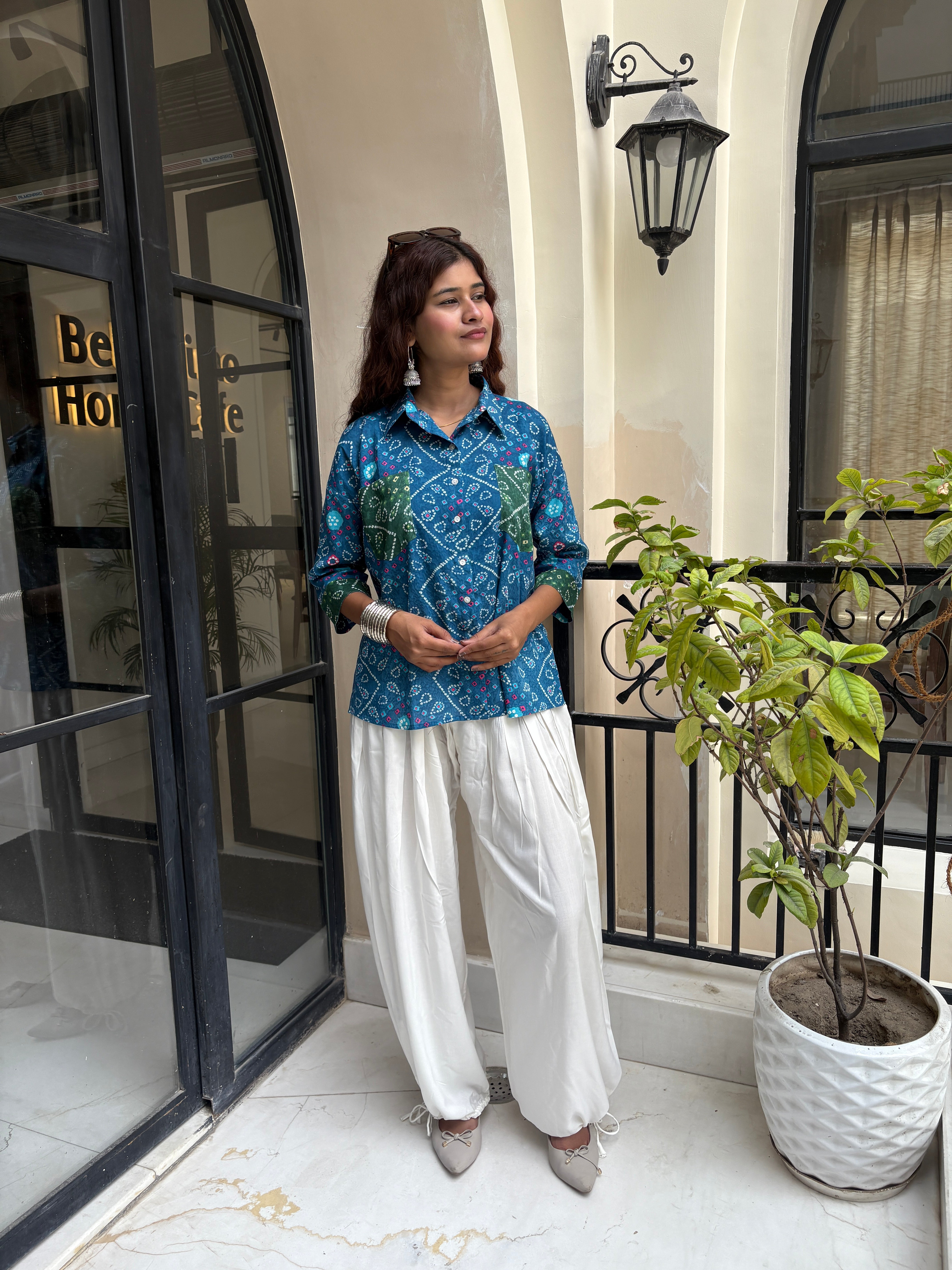 Blue Bandhani shirt with green patch