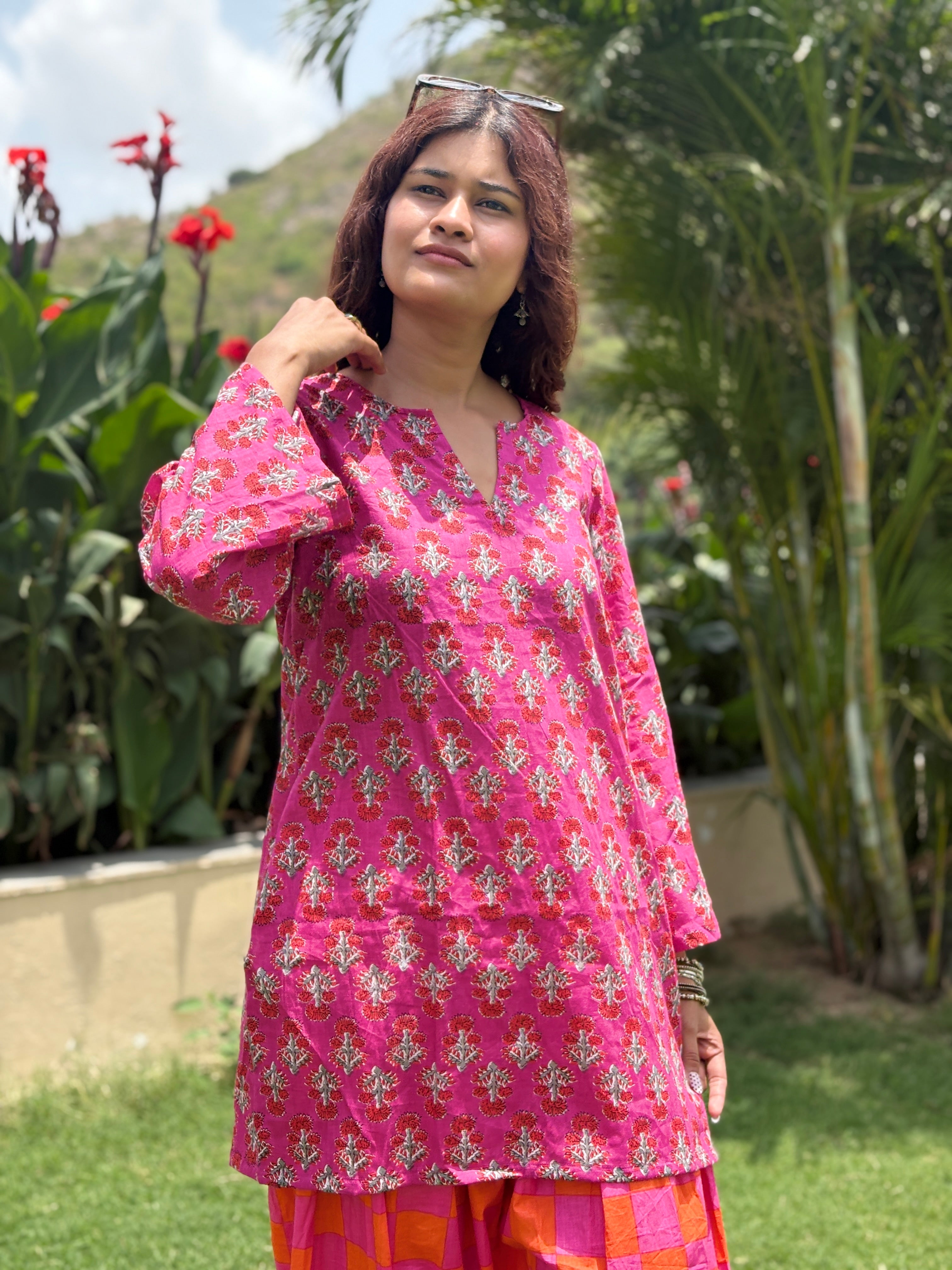 Pink Orange Checks Farshi Set