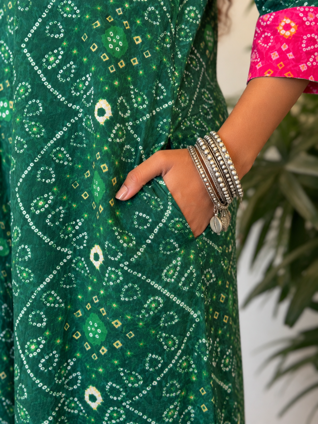 Green Bandhni Pink patch Jumpsuit