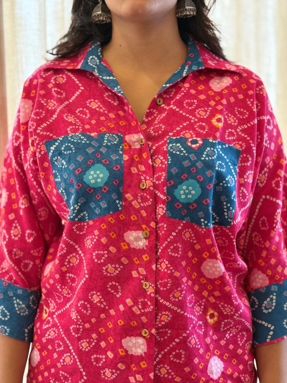 Pink Bandhni Shirt with blue patch
