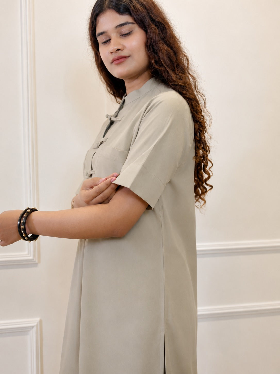 Earthy Grey Mandarin Collar Co-Ord Set
